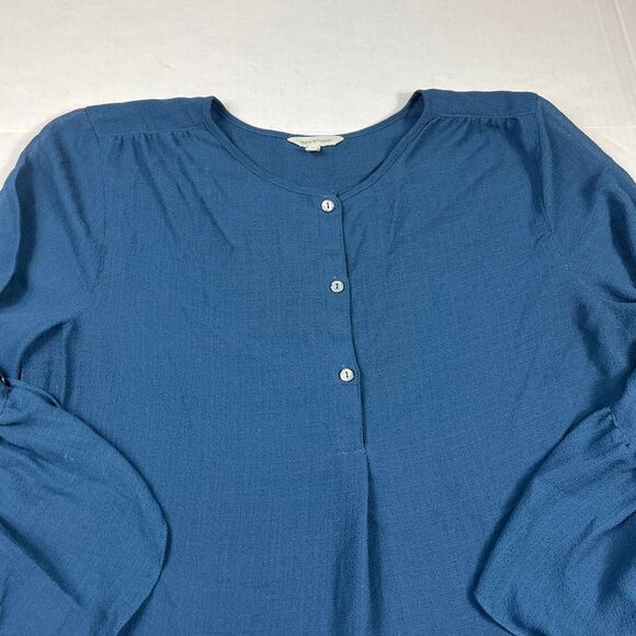 Max Studio Henley Peplum Blouse Blue Ruffled Bell Sleeve Peasant Flowy Shirt L - Picture 3 of 10